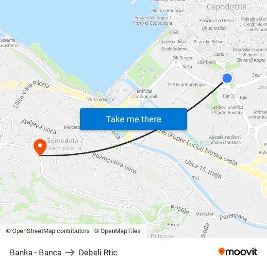 Banka - Banca to Debeli Rtic map