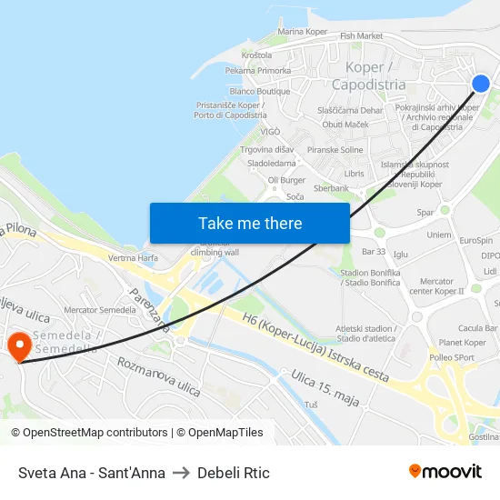 Sveta Ana - Sant'Anna to Debeli Rtic map