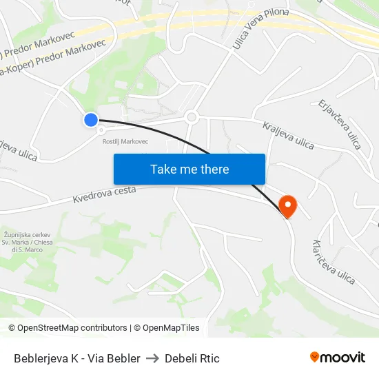 Beblerjeva K - Via Bebler to Debeli Rtic map