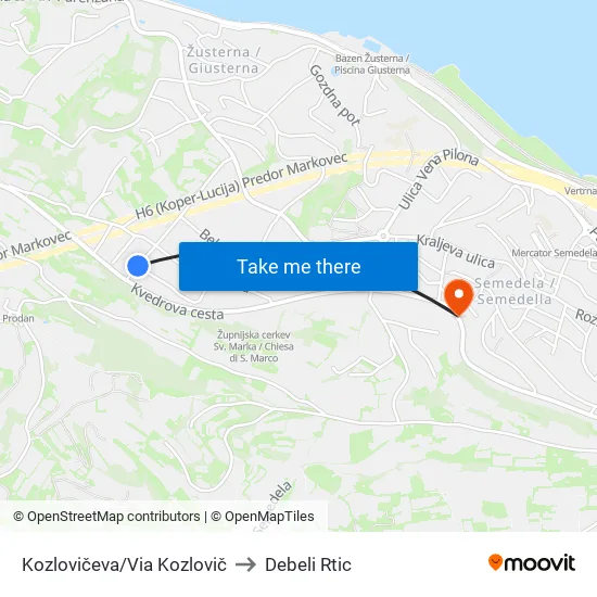 Kozlovičeva/Via Kozlovič to Debeli Rtic map