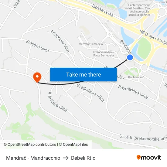 Mandrač - Mandracchio to Debeli Rtic map