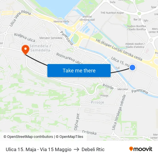 Ulica 15. Maja - Via 15 Maggio to Debeli Rtic map