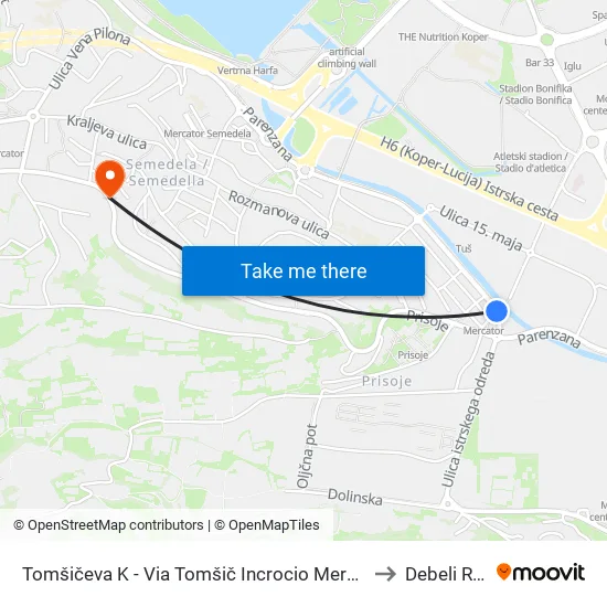 Tomšičeva K - Via Tomšič Incrocio Mercator to Debeli Rtic map