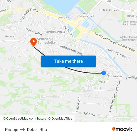 Prisoje to Debeli Rtic map