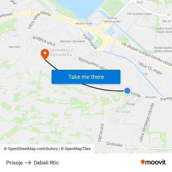 Prisoje to Debeli Rtic map