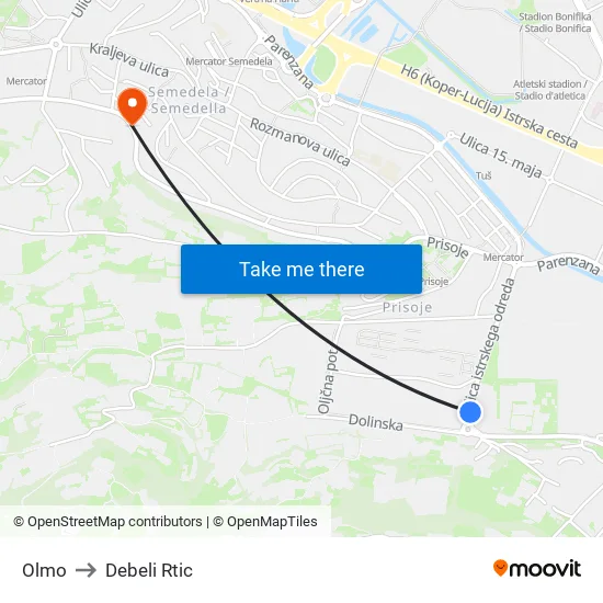 Olmo to Debeli Rtic map