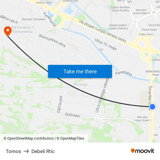 Tomos to Debeli Rtic map