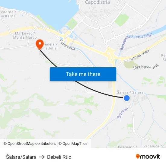 Šalara/Salara to Debeli Rtic map