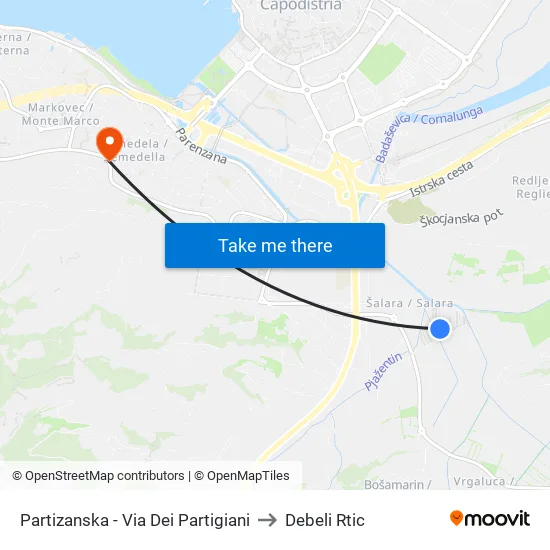 Partizanska - Via Dei Partigiani to Debeli Rtic map