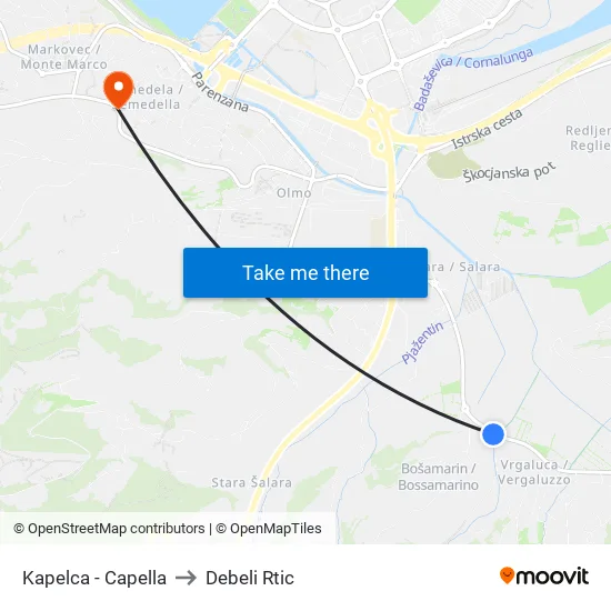 Kapelca - Capella to Debeli Rtic map