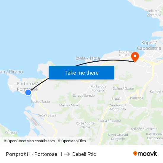 Portprož H - Portorose H to Debeli Rtic map