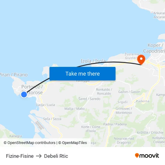 Fizine-Fisine to Debeli Rtic map