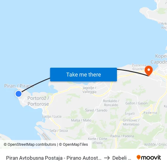 Piran Avtobusna Postaja - Pirano Autostazione to Debeli Rtic map