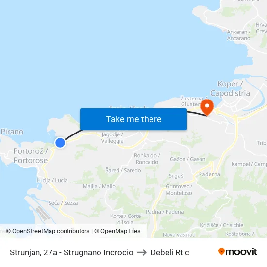 Strunjan, 27a - Strugnano Incrocio to Debeli Rtic map