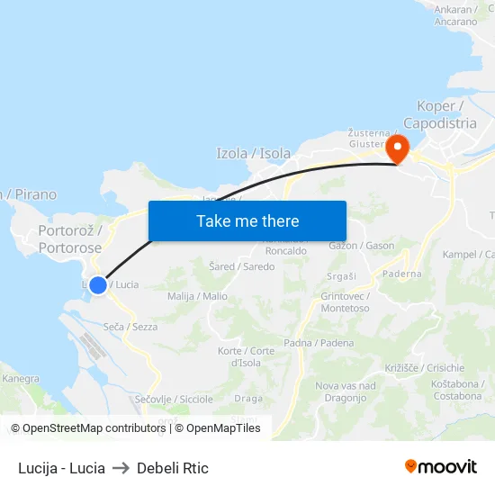 Lucija - Lucia to Debeli Rtic map