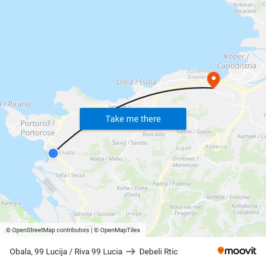 Obala, 99 Lucija / Riva 99 Lucia to Debeli Rtic map