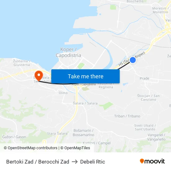 Bertoki Zad / Berocchi Zad to Debeli Rtic map