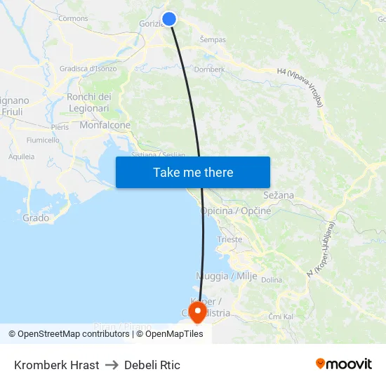 Kromberk Hrast to Debeli Rtic map