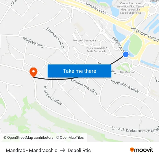 Mandrač - Mandracchio to Debeli Rtic map