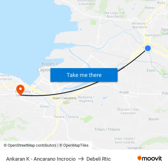 Ankaran K - Ancarano Incrocio to Debeli Rtic map