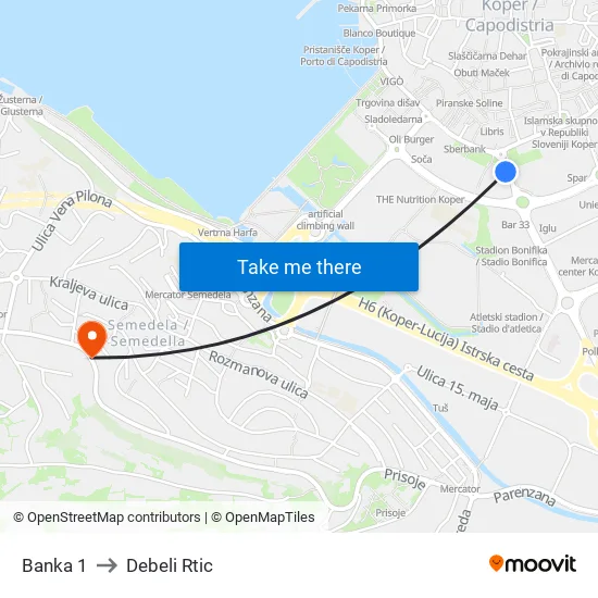 Banka 1 to Debeli Rtic map