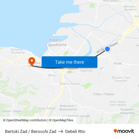 Bertoki Zad / Berocchi Zad to Debeli Rtic map
