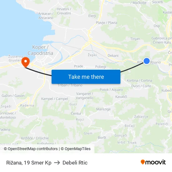 Rižana, 19  Smer Kp to Debeli Rtic map