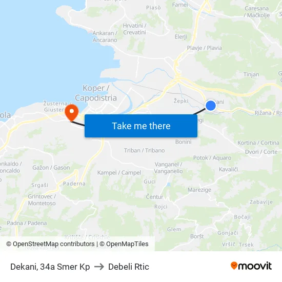 Dekani, 34a   Smer Kp to Debeli Rtic map