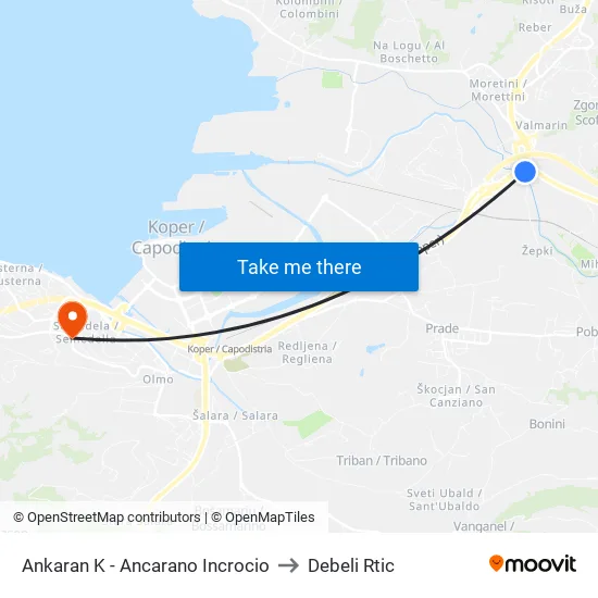 Ankaran K - Ancarano Incrocio to Debeli Rtic map