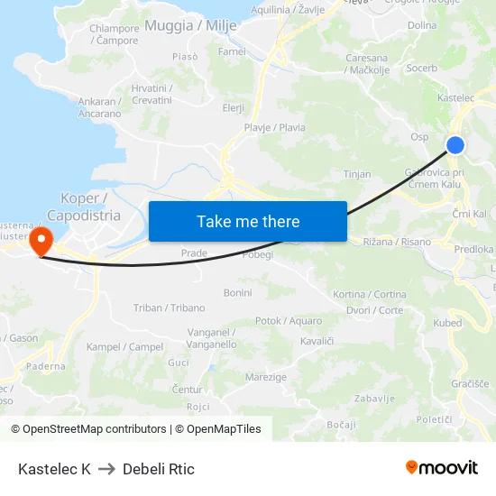 Kastelec K to Debeli Rtic map