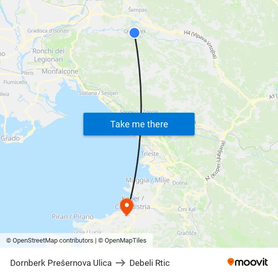 Dornberk  Prešernova Ulica to Debeli Rtic map