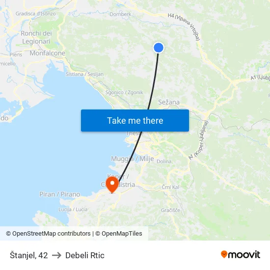 Štanjel, 42 to Debeli Rtic map