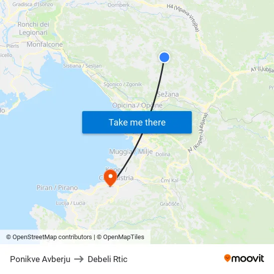 Ponikve Avberju to Debeli Rtic map