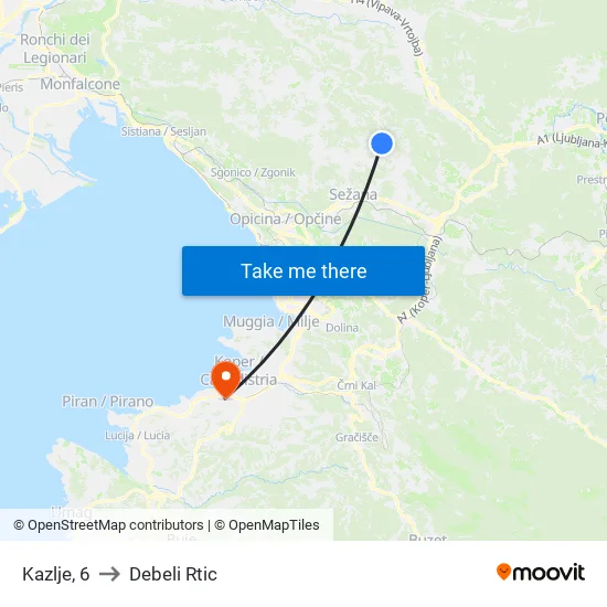 Kazlje, 6 to Debeli Rtic map
