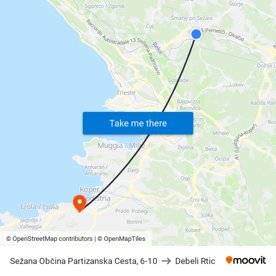 Sežana Občina Partizanska Cesta, 6-10 to Debeli Rtic map