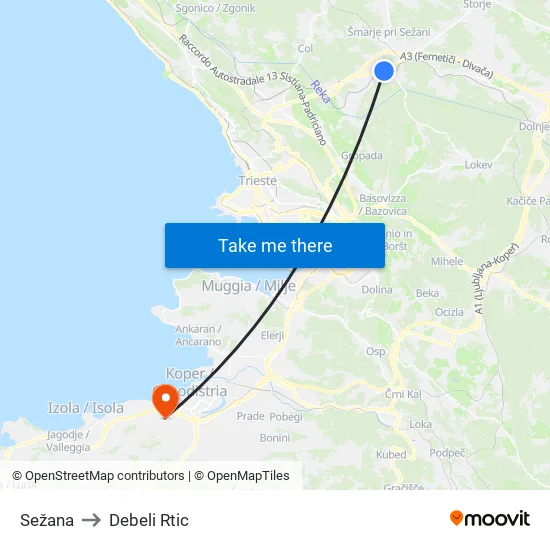 Sežana to Debeli Rtic map