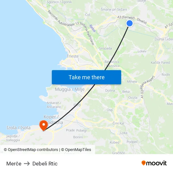 Merče to Debeli Rtic map