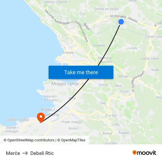 Merče to Debeli Rtic map