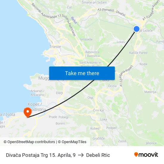 Divača Postaja Trg 15. Aprila, 9 to Debeli Rtic map