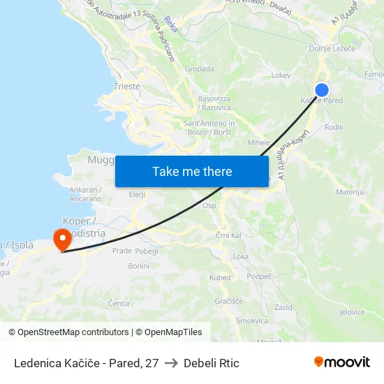 Ledenica Kačiče - Pared, 27 to Debeli Rtic map