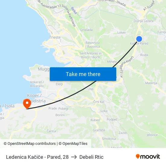 Ledenica Kačiče - Pared, 28 to Debeli Rtic map