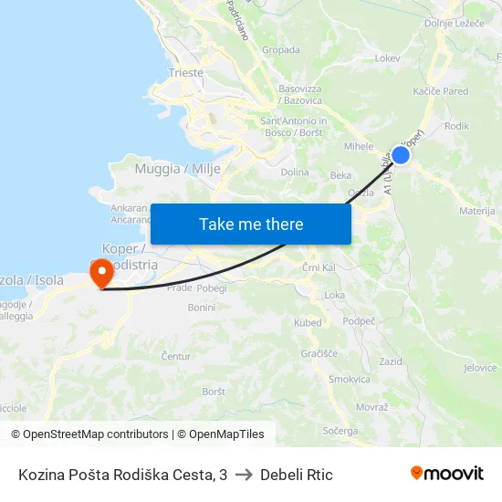 Kozina Pošta Rodiška Cesta, 3 to Debeli Rtic map