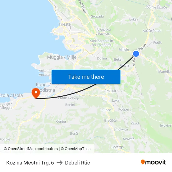 Kozina Mestni Trg, 6 to Debeli Rtic map