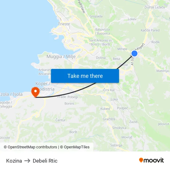 Kozina to Debeli Rtic map