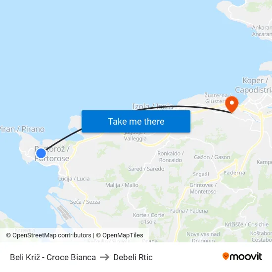 Beli Križ - Croce Bianca to Debeli Rtic map