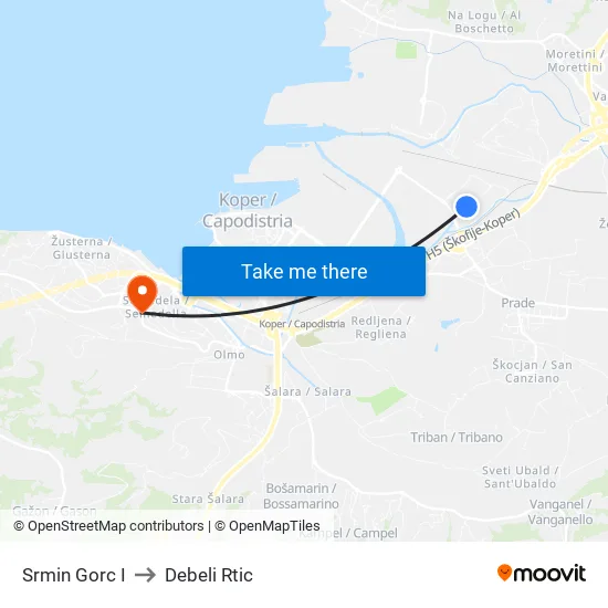 Srmin Gorc I to Debeli Rtic map