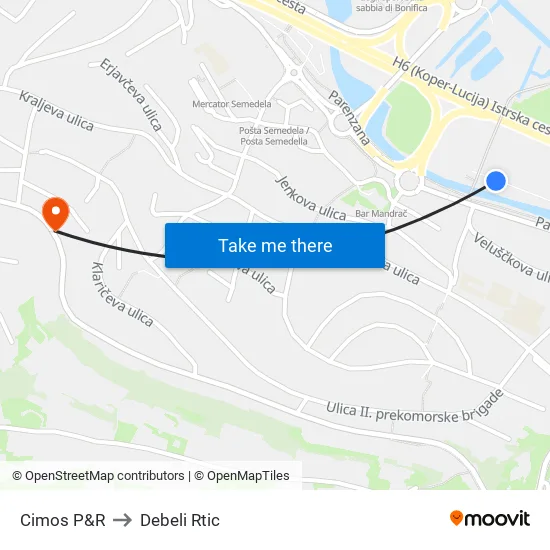 Cimos P&R to Debeli Rtic map
