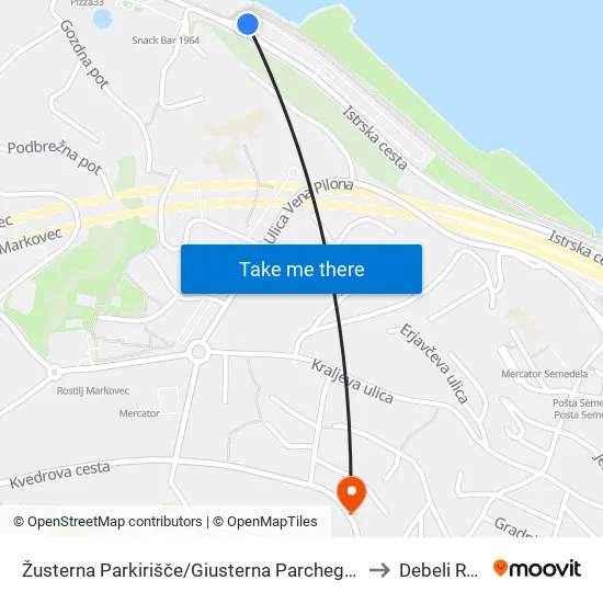 Žusterna Parkirišče/Giusterna Parcheggio to Debeli Rtic map