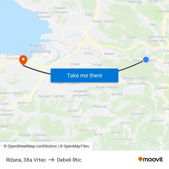 Rižana, 38a Vrtec to Debeli Rtic map
