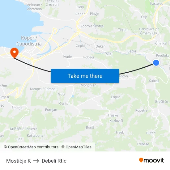 Mostičje K to Debeli Rtic map